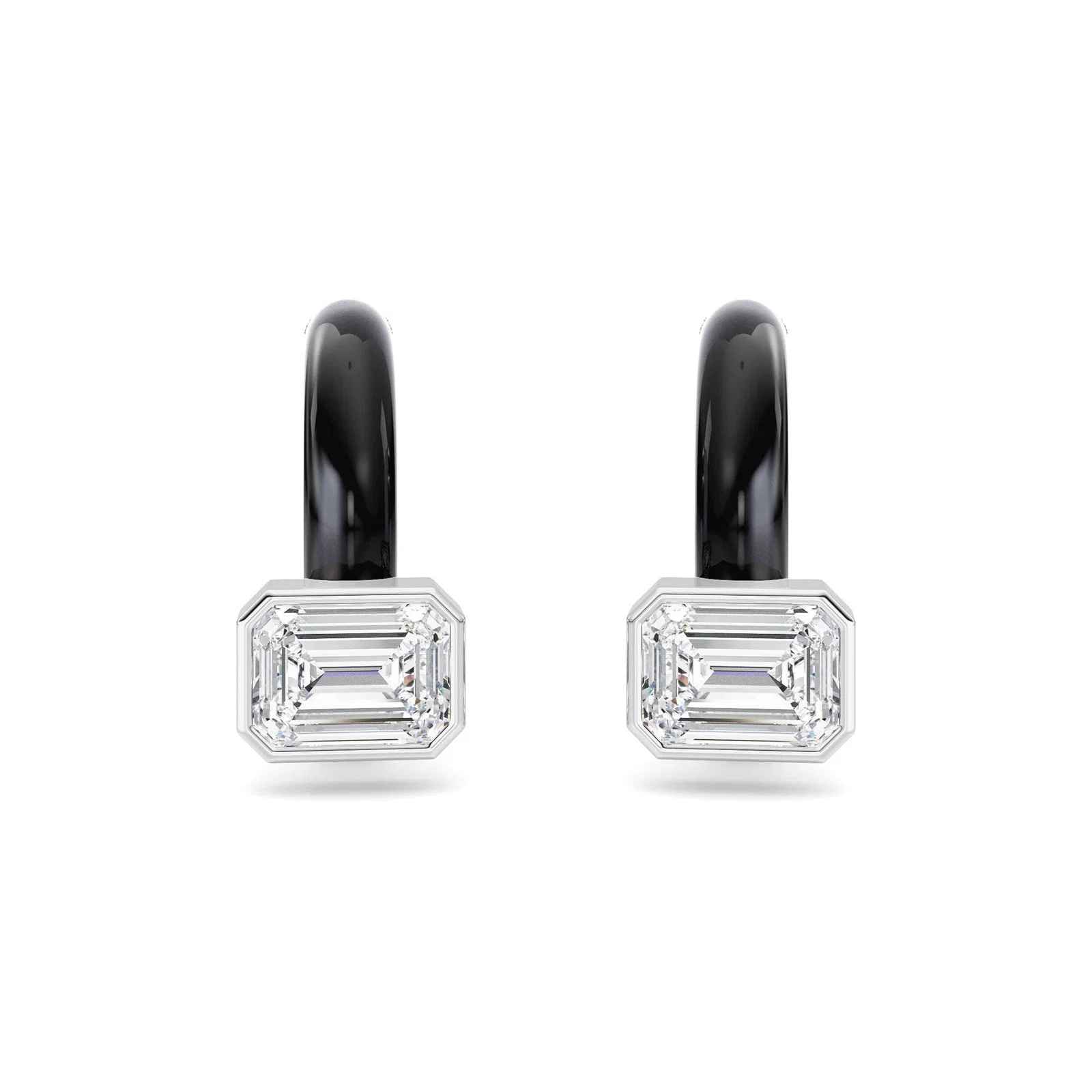 Emerald-cut diamond earrings with black hoop bail