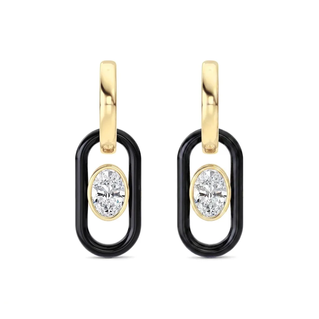 Oval hoop earrings with black oval link drop