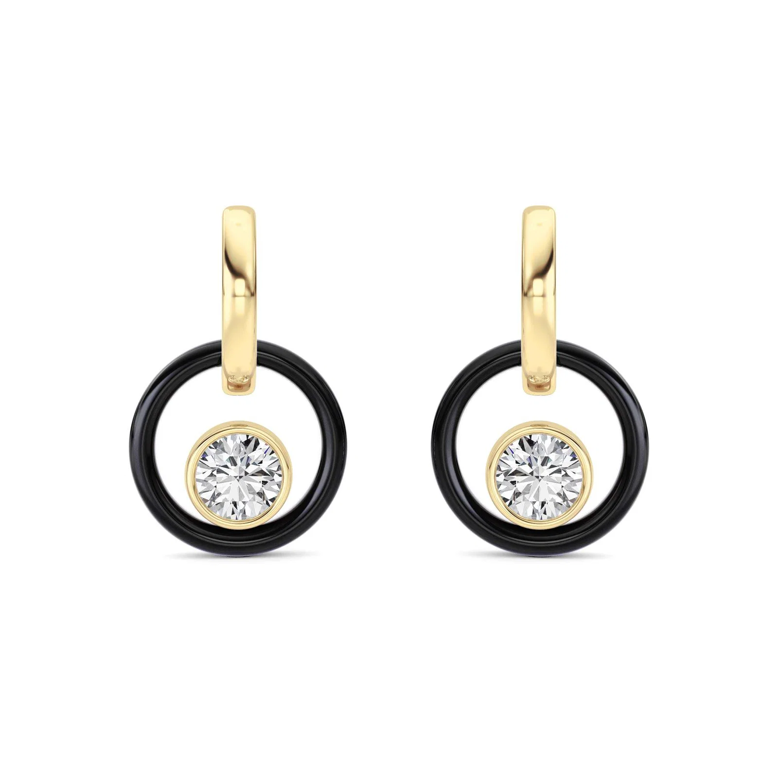 Round hoop earrings with black circle and round diamond drop