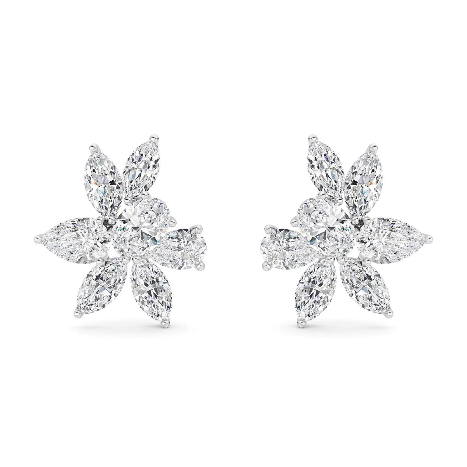 Fashion multi earrings, white gold cluster studs with marquise and pear diamonds
