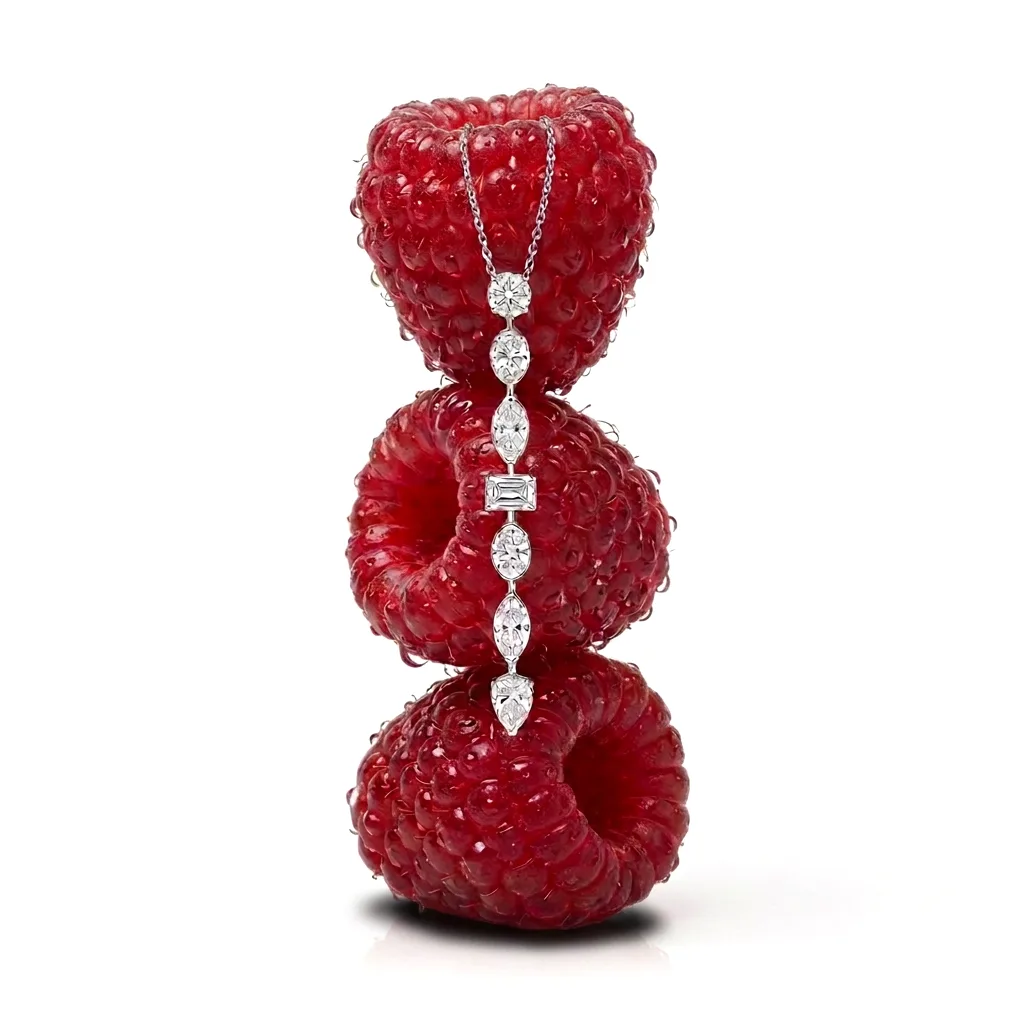 Mixed-cut diamond linear pendant in white gold draped over a stack of fresh raspberries